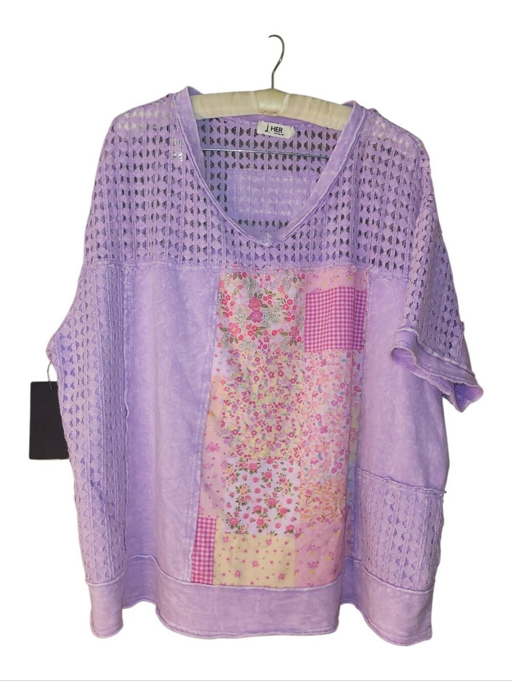 NWT J. Her Lavender Bloomfield Bessings Patchwork Boho Raw Hem Oversized Top S